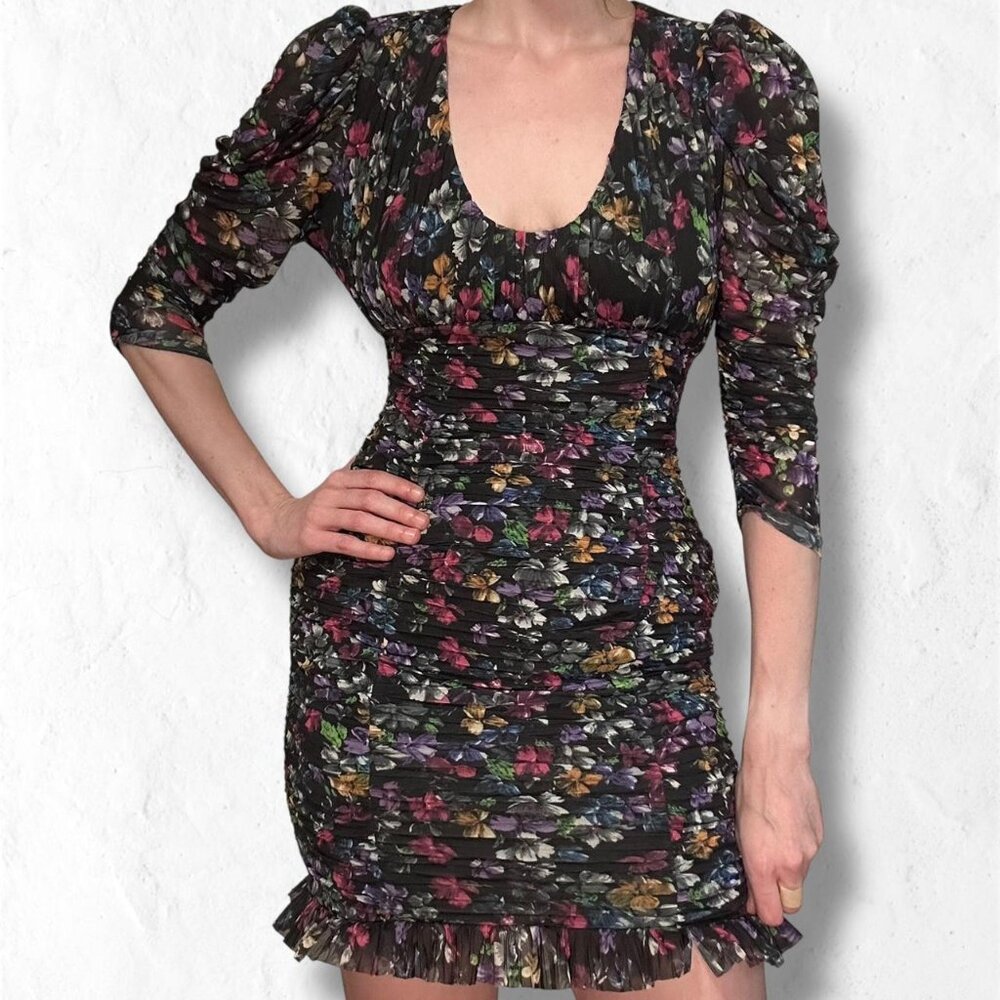 NWT $168 French Connection black floral puff sleeve ruched mini dress SZ S